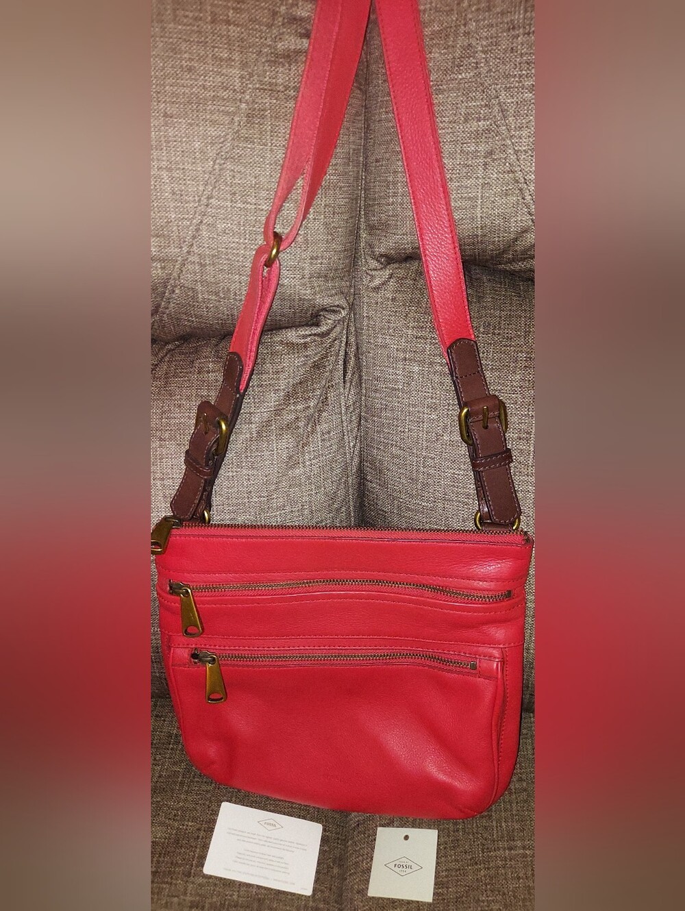 Fossil Red Leather Crossbody with Brown Strap Accents